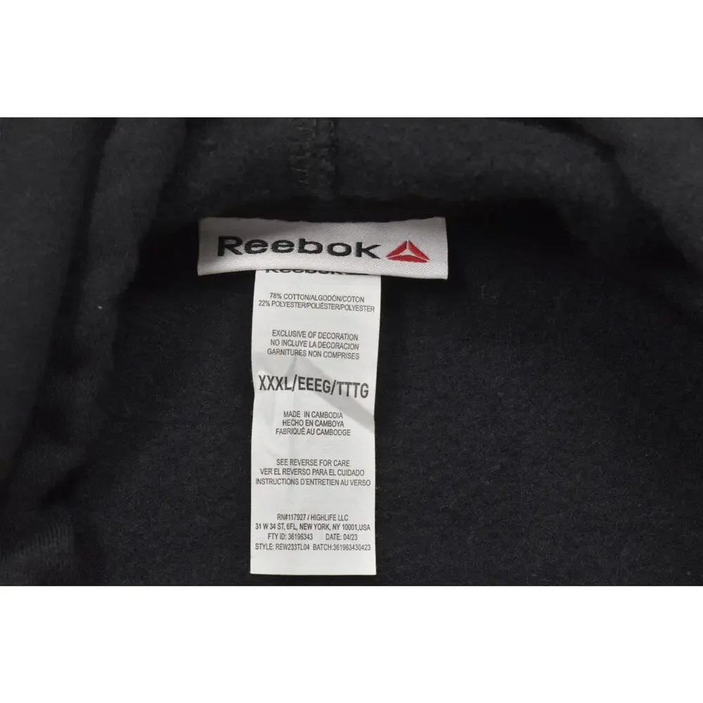 Reebok Men's Black Hoodie Sweatshirt Graphic Logo Cotton Blend Fleece 3XL